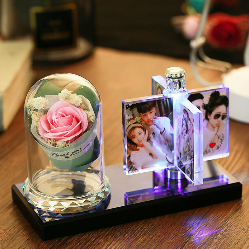 Personalized Crystal Custom Photo Album Frame - Features 4 of Your Favorite Pics and a beautiful Rose to showcase your love