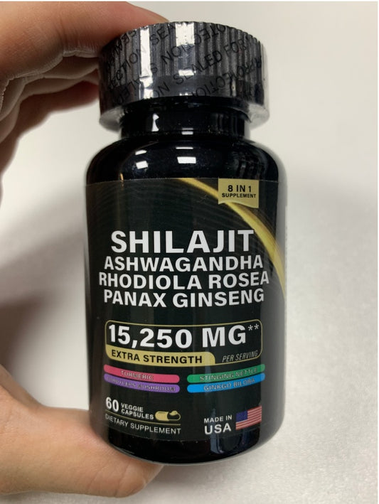 Shilajit Pure Himalayan 9000MG, Energy Booster Ashwagandha 2000MG, Rhodiola Rosea 999MG, Panax Ginseng 1500MG, Turmeric 500MG, Ginkgo Biloba 500MG, Stinging Nettle 250MG, Cordyceps Mushroom 500MG.